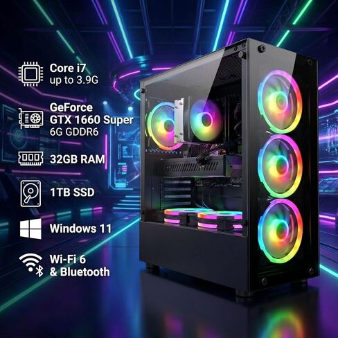 STGAubron Gaming PC Bundle with 24 Inch FHD LED Monitor- Intel Core i7 up to 3.9GHz, GeForce GTX 1660 Super 6G, 32GB RAM, 1TB SSD, RGB Fan x 6, Windows 11 Home in Saudi Arabia