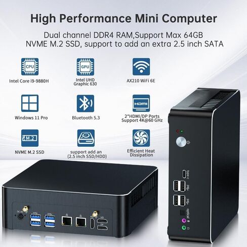Thdeukoty Mini PC with Core i9-9880H 2.3 up to 4.8GHz, 32G DDR4 1T SSD, Windows 11 Pro Desktop Computer, DP*1, HDMI*2 Support Triple Display, WiFi6E/BT5.3, VESA, Optical, Dual 2.5G LAN in Saudi Arabia
