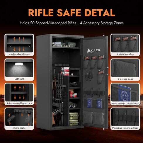 KAER Large Biometric Gun Safe 20-25 Gun Safe for Rifle and Pistols with Adjustable Storage/Pistol Pouches Gun Cabinet for Home Defense Hunting Shooting for Shotguns AR-15 Rifle (with/Without Scopes) in Saudi Arabia