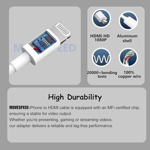 [MFi Certified] Lightning to HDMI Adapter, iPhone Digital AV Adapter 1080P HD Video Sync Screen Connector Compatible with iPhone/iPad to TV Projector Monitor No Need Power Supply in Kuwait