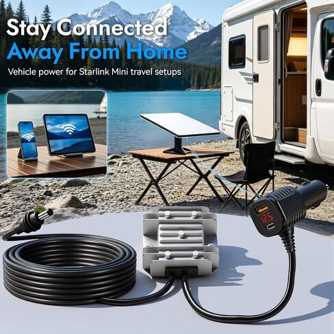 Starlink Mini Car Adapter,105W Boost Starlink Mini Cable Adapter 3M/10FT,Stops Reboots & Power Supply Damaged,3 in 1 Boost Digital Display DC Power Cable,Support 30W Charging USB Port for Car,RV,Boat in Saudi Arabia