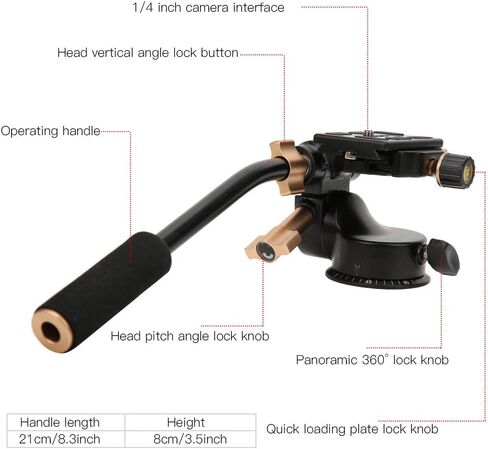 Aluminum Alloy 3 - Way Damping Tripod Head with Pan Bar Handle, 6 kg Load Capacity, Dual Bubble Levels, Quick - Release Plate for DSLR Camera, Video Tripod & Monopod in Kuwait