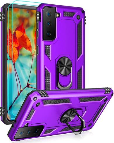 Androgate Compatible with Samsung Galaxy S21 FE 5G Case with HD Screen Protectors, Military-Grade Metal Ring Holder Kickstand 15ft Drop Tested Shockproof Cover Case for Galaxy S21 FE Black in Saudi Arabia