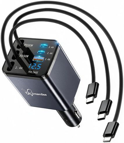 DreamBee Retractable Car Charger,108W 6 in 1 USB C Car Charger Adapter with 3 Cables 31.5INCH, Super Fast Car Phone Charger for iPhone 17/16/15/14/13 Pro Max XR,iPad,Samsung in Saudi Arabia