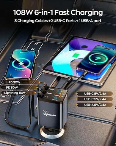 DreamBee Retractable Car Charger,108W 6 in 1 USB C Car Charger Adapter with 3 Cables 31.5INCH, Super Fast Car Phone Charger for iPhone 17/16/15/14/13 Pro Max XR,iPad,Samsung in Saudi Arabia
