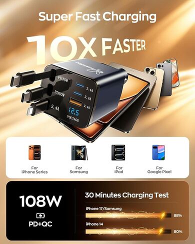 DreamBee Retractable Car Charger,108W 6 in 1 USB C Car Charger Adapter with 3 Cables 31.5INCH, Super Fast Car Phone Charger for iPhone 17/16/15/14/13 Pro Max XR,iPad,Samsung in Saudi Arabia