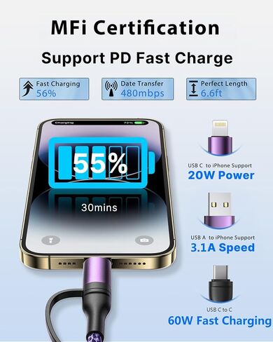 4 in 1 Charging Cable 2Pack 6.6ft 60W Fast Charging USB C Cable 20W iPhone Charger Cord Lightning Cable Multi Charging Cable with Lightning/Type C/USB A Port for iPhone 16 15 14/Samsung/iPad/MacBook in Saudi Arabia