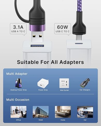 4 in 1 Charging Cable 2Pack 6.6ft 60W Fast Charging USB C Cable 20W iPhone Charger Cord Lightning Cable Multi Charging Cable with Lightning/Type C/USB A Port for iPhone 16 15 14/Samsung/iPad/MacBook in Saudi Arabia