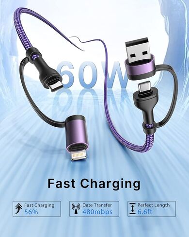 4 in 1 Charging Cable 2Pack 6.6ft 60W Fast Charging USB C Cable 20W iPhone Charger Cord Lightning Cable Multi Charging Cable with Lightning/Type C/USB A Port for iPhone 16 15 14/Samsung/iPad/MacBook in Saudi Arabia