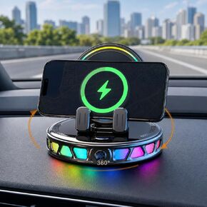 Foluu 360° Rotating Wireless Charging Car Phone Holder with RGB Ambient Light, One-Click Auto Locking Dashboard Holder for Car Navigation, Compatible with iPhone & Android Black in Saudi Arabia