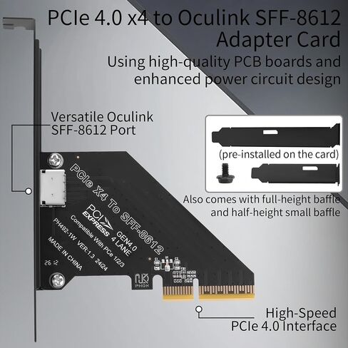 PCIe 4.0 x4 to Oculink SFF-8612 Adapter Card, PCI-E 4.0 Extension Card for External GPU (eGPU) / U.2 NVMe SSD/High-Speed Data Expansion, Full & Low Profile Bracket Included, in Kuwait
