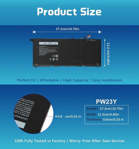 بطارية بديلة PW23Y لسلسلة Dell XPS 13 9360، 2017 9360-D1605G/9360-D1605T، بطارية Li-ion Ultrabook بقدرة 7895 مللي أمبير في الساعة بقدرة 60 وات في الساعة لأجهزة XPS سلسلة 13-9360-D1609/D1609G/D1705/D1705G/D1505/G1505G in Kuwait