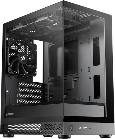 Okinos Aqua UNO Micro ATX Case, No Radiator Support, Max GPU Length 309mm, Quick-Release Panoramic Tempered Glass Front & Side, 3x120mm Non-PWM Fans Pre-Installed, Type-C 5Gbps, Black in Kuwait