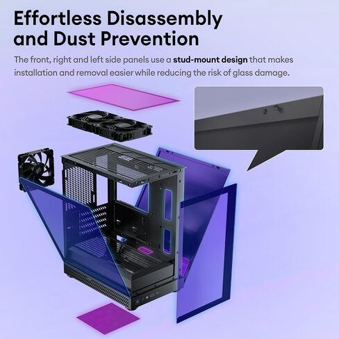 Okinos Aqua UNO Micro ATX Case, No Radiator Support, Max GPU Length 309mm, Quick-Release Panoramic Tempered Glass Front & Side, 3x120mm Non-PWM Fans Pre-Installed, Type-C 5Gbps, Black in Kuwait