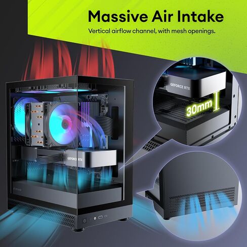 Okinos Aqua UNO Micro ATX Case, No Radiator Support, Max GPU Length 309mm, Quick-Release Panoramic Tempered Glass Front & Side, 3x120mm Non-PWM Fans Pre-Installed, Type-C 5Gbps, Black in Kuwait