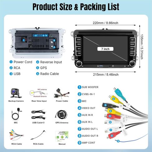 Leadfan Android Car Stereo for VW Volkswagen Passat Jetta Tiguan Beetle Tiguan Caddy Seat Golf 5 6, 7 Inch Touchscreen for Jetta Car Radio with Carplay Android Auto 5G WiFi Bluetooth 5.1 Backup Camera in Kuwait