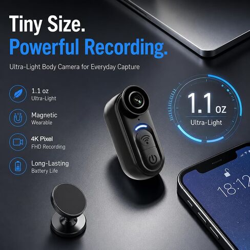 4K Mini Body Camera, Thumb-Sized Wearable Action Cam with Audio & Video, 64GB Storage, Hands-Free Portable Camera for Work, Travel, Pet Walks & Vlogging in Saudi Arabia