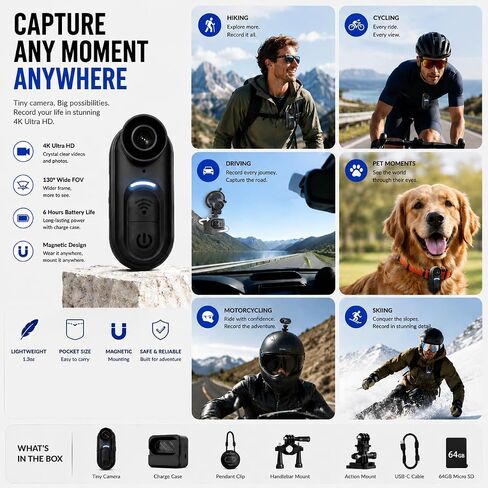 4K Mini Body Camera, Thumb-Sized Wearable Action Cam with Audio & Video, 64GB Storage, Hands-Free Portable Camera for Work, Travel, Pet Walks & Vlogging in Saudi Arabia