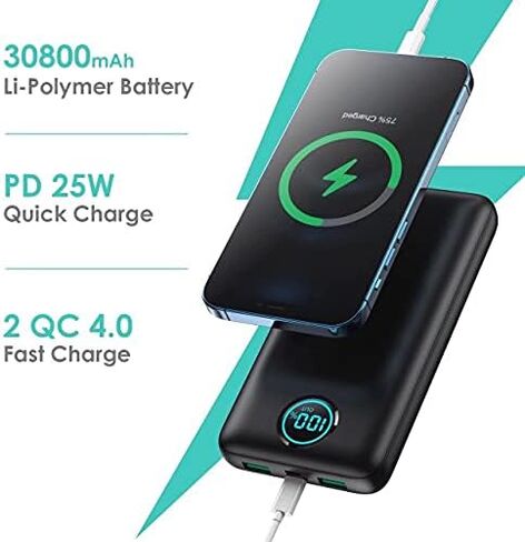 Portable Charger Power Bank 30800mAh LCD Display Power Bank,25W PD Fast Charging +QC 4.0 Quick Phone Charging Power Bank Tri-Outputs Battery Pack Compatible with iPhone,Android etc(Black) in Kuwait