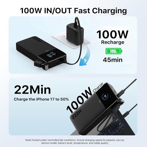 شاحن محمول JUOVI بقوة 222 واط لبنك الطاقة المحمول بسعة 25000 مللي أمبير في الساعة مع كابل USB-C in Kuwait