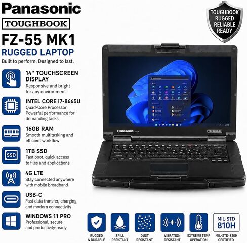 Panasonic Toughbook FZ-55 MK1, 14-inch FHD 1920x1080 Touchscreen Display Intel Core i7-8665U, 16GB RAM, 1TB SSD, 4G LTE, USB-C, Windows 11 Pro (Renewed) in Saudi Arabia