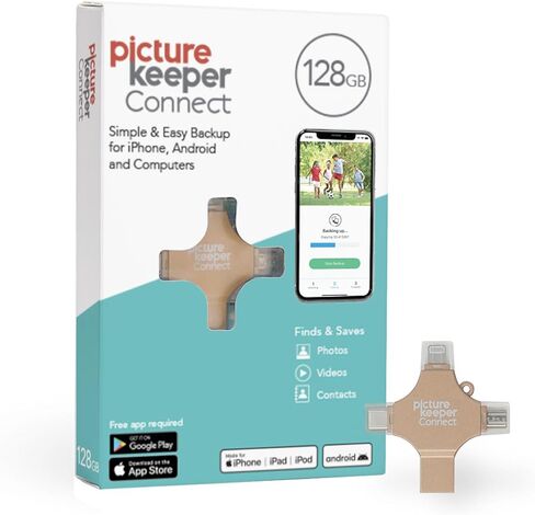 Picture Keeper Connect for iPhone, Android, USB-C, PC & Mac - 128GB USB Stick Backup for Photos, Videos, Contacts, Flash Drive Memory Backup, External Storage Thumb Drive - 128GB, Gold in Kuwait