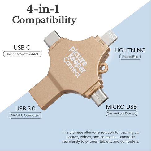 Picture Keeper Connect for iPhone, Android, USB-C, PC & Mac - 128GB USB Stick Backup for Photos, Videos, Contacts, Flash Drive Memory Backup, External Storage Thumb Drive - 128GB, Gold in Kuwait