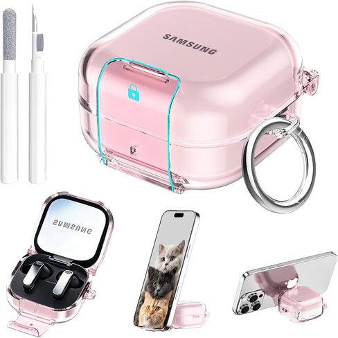 Aircawin Secure Lock for Samsung Galaxy Buds 4 Pro Case/Galaxy Buds 4 Case Clear,Shockproof for Samsung Galaxy Bud 4/4 Pro Cover with Phone Stand,Soft TPU Skin with Carabiner&Cleaning Pen-Purple in Kuwait