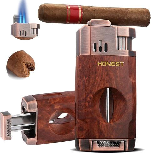 ولاعة سيجار HONEST Torch مع لهب نفاث مقاوم للرياح، قطاعة سيجار مدمجة على شكل حرف V، هدية لعيد الميلاد، ولاعات شعلة البيوتان القابلة لإعادة الملء، ولاعات رائعة الكل في واحد للتدخين والسيجار (بني B) in Kuwait