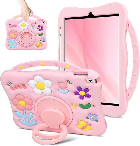 for iPad 9th/8th/7th Generation Case 10.2 Inch Kids Girls Cute Flower Soft Silicone Shockproof Protective Tablet Cover with Pencil Holder Rotating Stand for iPad 10.2" Case 2021 2020 2019,Pink in Saudi Arabia