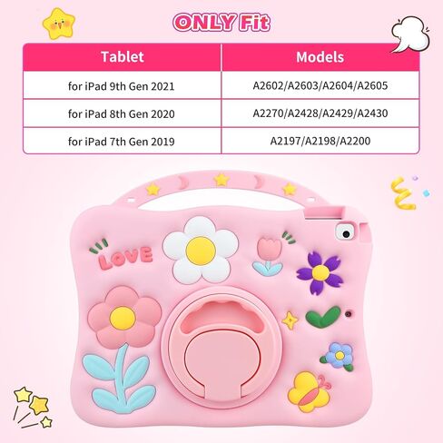 for iPad 9th/8th/7th Generation Case 10.2 Inch Kids Girls Cute Flower Soft Silicone Shockproof Protective Tablet Cover with Pencil Holder Rotating Stand for iPad 10.2" Case 2021 2020 2019,Pink in Saudi Arabia
