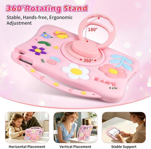 for iPad 9th/8th/7th Generation Case 10.2 Inch Kids Girls Cute Flower Soft Silicone Shockproof Protective Tablet Cover with Pencil Holder Rotating Stand for iPad 10.2" Case 2021 2020 2019,Pink in Saudi Arabia