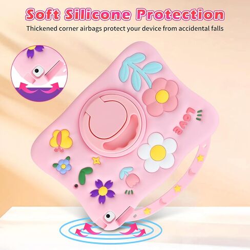for iPad 9th/8th/7th Generation Case 10.2 Inch Kids Girls Cute Flower Soft Silicone Shockproof Protective Tablet Cover with Pencil Holder Rotating Stand for iPad 10.2" Case 2021 2020 2019,Pink in Saudi Arabia