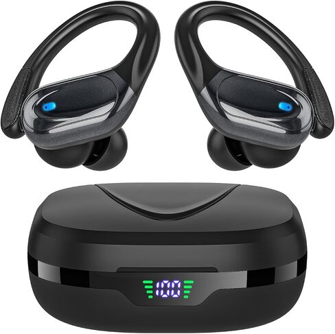 Wireless Earbuds Bluetooth Headphones 80hrs Playback Ear Buds Power Display with Noise Canceling Mic with Earhooks for Sports/Workout/Running, Black in Saudi Arabia