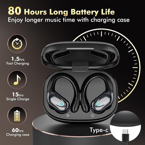 Wireless Earbuds Bluetooth Headphones 80hrs Playback Ear Buds Power Display with Noise Canceling Mic with Earhooks for Sports/Workout/Running, Black in Saudi Arabia