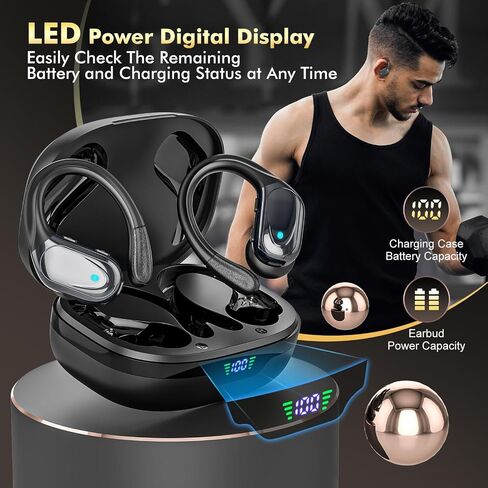Wireless Earbuds Bluetooth Headphones 80hrs Playback Ear Buds Power Display with Noise Canceling Mic with Earhooks for Sports/Workout/Running, Black in Saudi Arabia