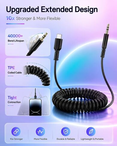 Coiled USB C to 3.5mm Aux Cable for iPhone 18 Pro Max/18 Pro/17e 17 6FT Ox Audio Cord for Car in Kuwait