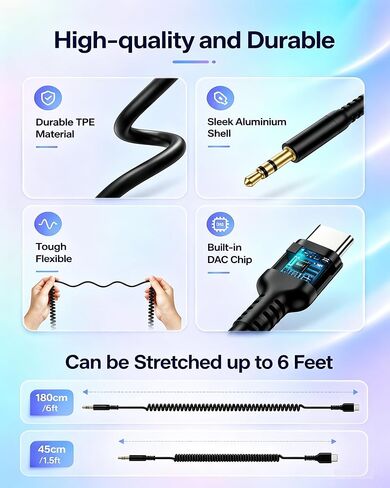 Coiled USB C to 3.5mm Aux Cable for iPhone 18 Pro Max/18 Pro/17e 17 6FT Ox Audio Cord for Car in Kuwait
