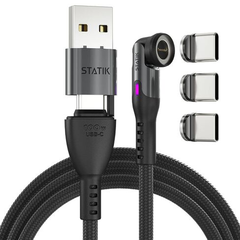 Statik 360 Pro USB C Magnetic Charging Cable - Included 3 USB-C Tips, Type C Charger Fast Charging, USB C to USB C Cable - 100W Fast Charger, Black 3FT/1M in Saudi Arabia