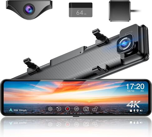 G850 + 12 بوصة 4K UHD مرآة داش كام أمامية وخلفية مع كاميرا احتياطية للتكبير، كاميرا مرآة رؤية خلفية مزدوجة 2160 بكسل للسيارات والشاحنات، بطاقة 64 جيجابايت متضمنة، GPS، WDR، رؤية ليلية، مساعد ركن السيارة ومستشعر G in Kuwait