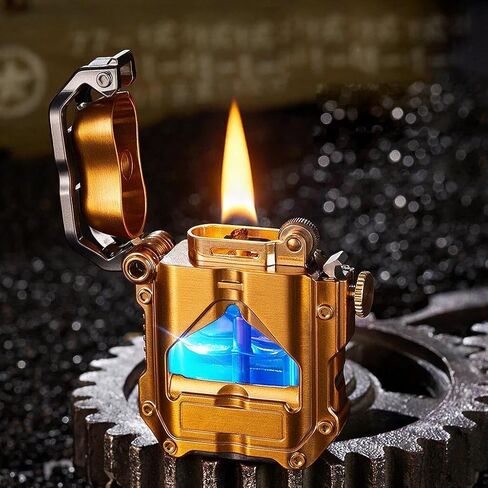 ولاعة خندق الكيروسين الرائعة Steampunk مع ضوء LED أزرق، ولاعة ميكانيكية شفافة مبتكرة هدايا فريدة للرجال (ذهبي) in Kuwait