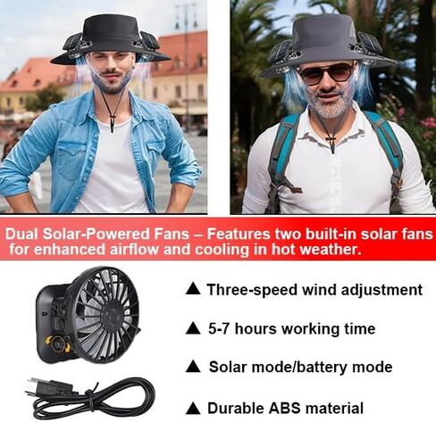 Solar Powered Fan Hat with 2 Removable Fans Wide Brim Sun Hat for Outdoor Fishing, Hiking Gardening, USB Solar Charging,3 Speed Adjustable Fans Hats (Black) in Saudi Arabia