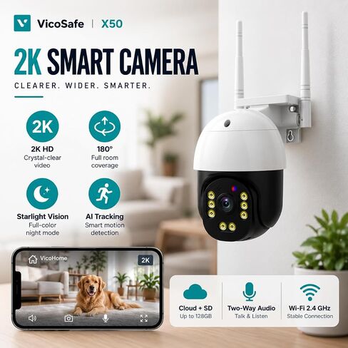 VicoHome Indoor Security Camera Wireless X50, 2K WiFi Camera, Full-Color Night Vision, AI Motion Detection, Rotating 180°, Cloud & SD Storage, Strong Battery up to 6 Months Without Charging in Saudi Arabia