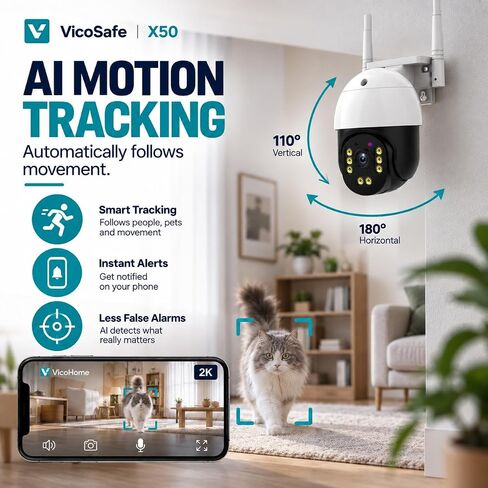 VicoHome Indoor Security Camera Wireless X50, 2K WiFi Camera, Full-Color Night Vision, AI Motion Detection, Rotating 180°, Cloud & SD Storage, Strong Battery up to 6 Months Without Charging in Saudi Arabia