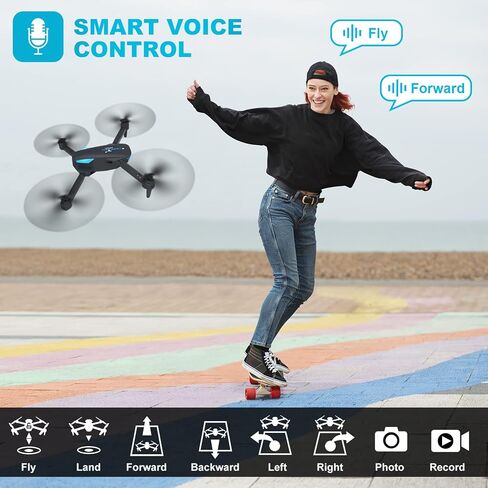 Drone with 1080P Camera for Beginners and Adults, Foldable Remote Control Quadcopter with Voice Control, Gestures Selfie, Altitude Hold, One Key Start, 3D Flips, 2 Batteries, Not water-proof, Toy for Beginners in Kuwait