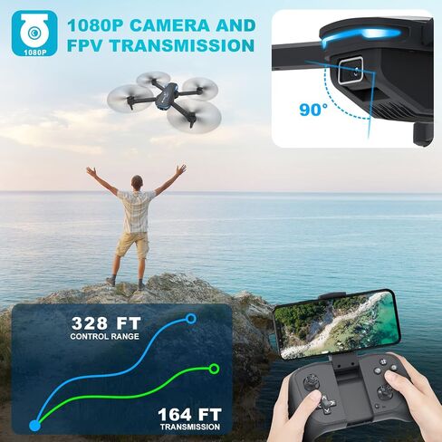 Drone with 1080P Camera for Beginners and Adults, Foldable Remote Control Quadcopter with Voice Control, Gestures Selfie, Altitude Hold, One Key Start, 3D Flips, 2 Batteries, Not water-proof, Toy for Beginners in Kuwait