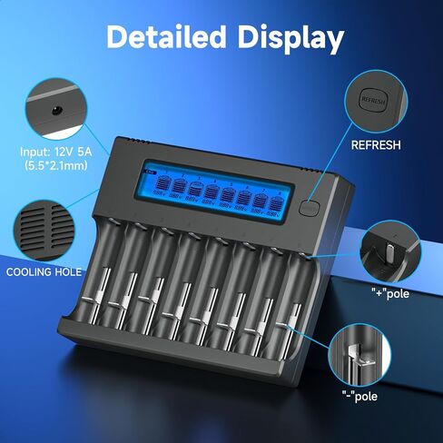 18650 Battery Charger, 8-Bay Smart LCD Display, Fast Charge Rechargeable Li-ion LiFePO4 Ni-MH Ni-Cd AA AAA CR123a 21700 26650 13650 16340 18350 18700 in Saudi Arabia