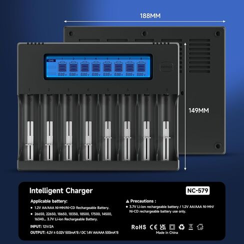 18650 Battery Charger, 8-Bay Smart LCD Display, Fast Charge Rechargeable Li-ion LiFePO4 Ni-MH Ni-Cd AA AAA CR123a 21700 26650 13650 16340 18350 18700 in Saudi Arabia