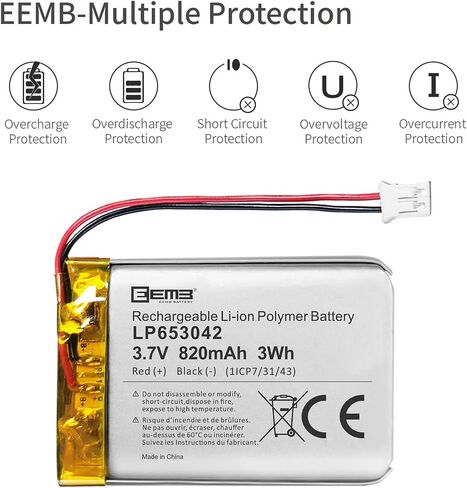 EEMB 3.7V Lipo Battery 653042 820mAh Rechargeable JST 2.0mm, 1-Pack in Saudi Arabia