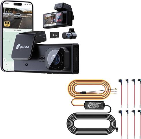 pelsee P2 Trio 4K 3 Channel Dash Cam Front & Rear Inside, 64GB Card,Type-C Full Set Hard Wire Kit Fuse, 12V-24V to 5V Dash Camera Car Charger Cable Kit, Low Voltage Protection, Double-4 Fuse in Saudi Arabia